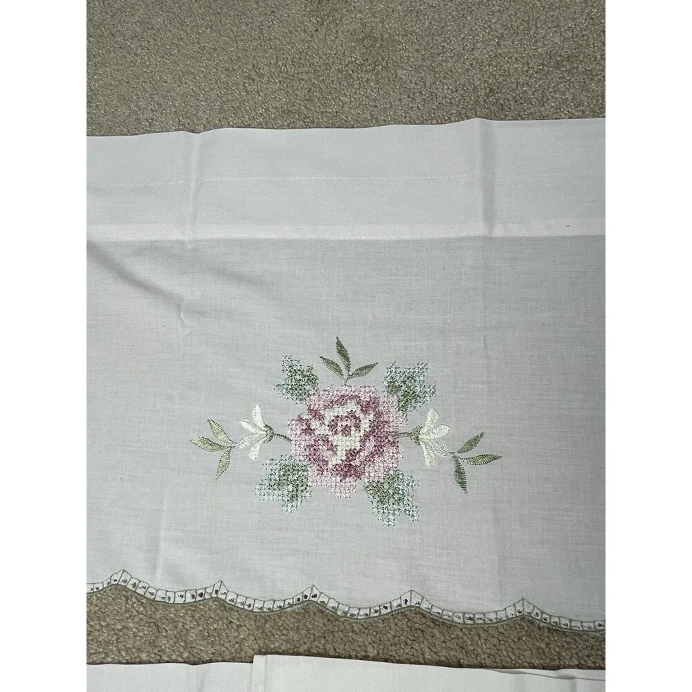 3pc Set VTG Window Valance Swag Panels Ivory Embroidered‎ Floral Eyelet
